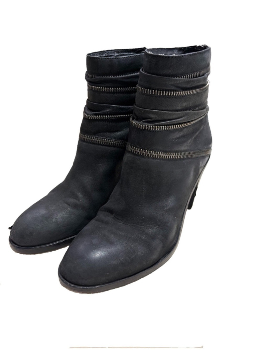 Eileen Fisher Crown Sz 9 Black Washed Leather Zip Accents Block Heel Booties